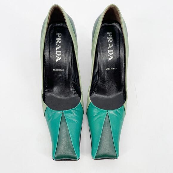 Vintage Prada Green Tricolor Colorblock Leather Square Toe Mid Heel Pumps 38.5 - Picture 5 of 11